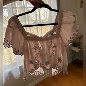 (NWOT) Delicate Blush Embroidered Puff-Sleeve Crop Top
